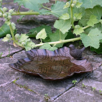 Fågelbad Lövet med Fågel Järn Brun 20x26cm